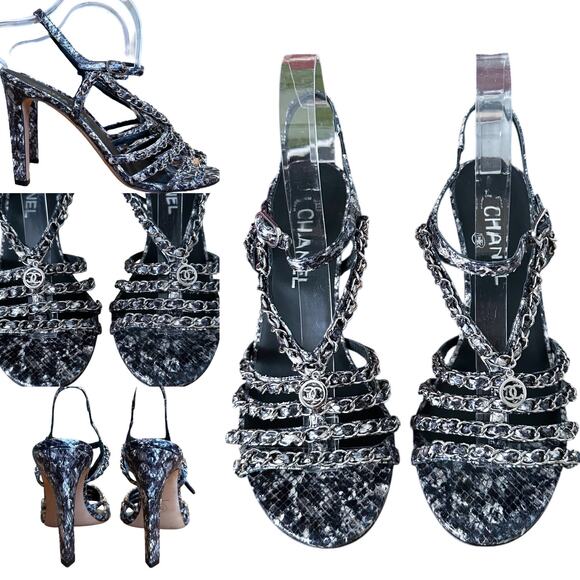 Chanel Python Snakeskin Chain Indigo Blue Strappy High Heel Sandals 40 - Picture 11 of 11